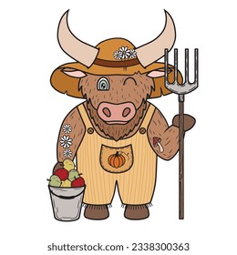 Farm friendly bull with hat and clothes and with bucket of apples.