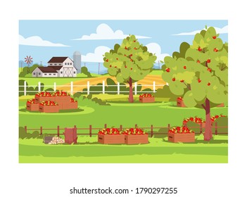 Farm with fruit trees semi flat vector illustration. Fresh apple harvest in caskets. Garden outside ranch. Rural lifestyle, summer greenery. Farmland 2D cartoon landscape for commercial use