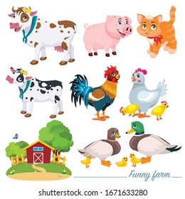 Farm fun, cute pets in the village, pig, ducks, chicken and rooster, ginger kitten, lawn and wooden fence, barn, cow with calf