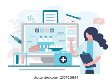 Farm of the future, food technology concept. Organic laboratory, woman scientist talks about checking the quality and environmental friendliness of dairy products and eggs. flat vector illustration