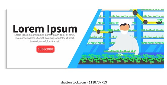 Farm of the Future vector concept. Organic Laboratory. Farmer checks his organic harvest at laboratory  field growth.  Vector illustration