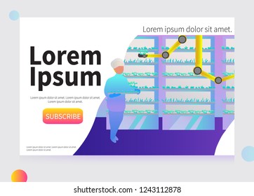 Farm of the Future vector concept. Organic Laboratory. Farmer checks his organic harvest at laboratory  field growth.  Vector illustration