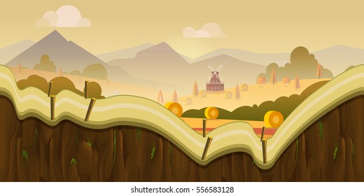 Farm game background 2d game application. Vector design. Tileable horizontally. Size 1024x512. Ready for parallax effect, Illustration for your application , project.