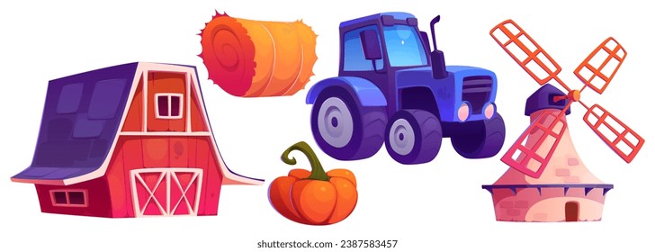 Farm game elements set isolated on white background. Vector cartoon illustration of blue tractor, wooden barn house, old stone windmill, haystack and pumpkin harvest, village landscape design assets