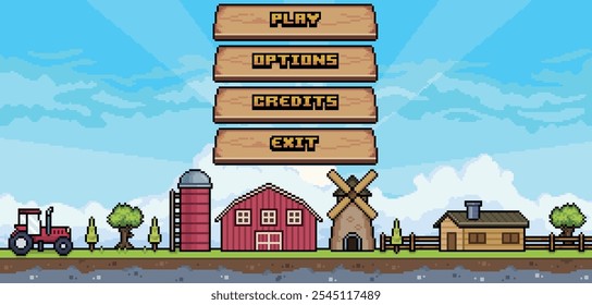 Menu inicial do jogo da fazenda com botões de madeira na arte de pixels e estilo de 8 bits