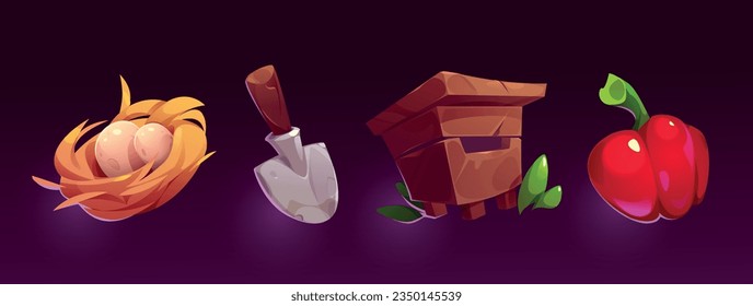 Farm game icon set. Cartoon vector props collection consisting of gardening tools and crops - chicken eggs in nest, shovel with wood handle and metal blade, wooden beehive and red ripe bell pepper.