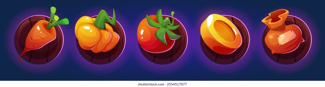 Farm game icon. Vegetable and bag ui item vector. Supermarket grocery wooden button illustration for mobile interface. Farmer harvest label glowing. Carrot, pumpkin and tomato isolated glossy gui set