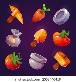 Farm game icon with vegetable. Ui food product and bag for supermarket or mobile casino slot. Tomato, carrot, pumpkin and pot for gardening. Dig shovel and fresh harvest object. Coin symbol gui