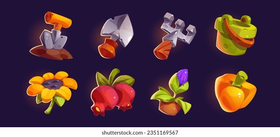 Farm game icons set of gardening tools, flowers and ripe vegetables. Cartoon vector village equipment and harvest - digging shovel and rake, bucket, ripe sunflowers, yellow peppers and berries.