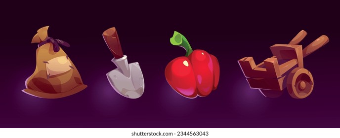 Farm game interface ui icon cartoon vector design set. Isolated gardening gui element collection. Harvest bag, wooden wheelbarrow, glossy pepper and metal shovel agriculture farming clipart item.