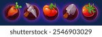 Farm game vegetable and tool icons set isolated on background. Vector cartoon illustration of carrot, pumpkin, tomato, pickaxe, shovel for faming or casino user interface design, organic harvest