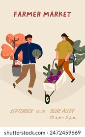 Farm, garden, agriculture cards set. Farmers, summer countryside landscapes, farmlands, rural nature. Cute country, village posters. 