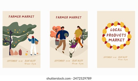 Farm, garden, agriculture vertical cards set. Farmers, summer countryside landscapes, farmlands, rural nature. Cute country, village posters. 