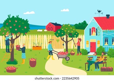 Farm garden with apple tree, vector illustration, flat man woman farmer character harvest fruit at nature, agriculture farming with organic fruit