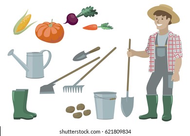 Farm Garden inventory set items elements, farmer man and vegetables harvest yield. Beets carrots corn pumpkin potatoes bucket watering can rake shovel chopper boots vector illustration art