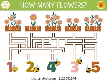 Bauernhaus oder Gartenlabyrinth für Kinder mit Blumenbeeten, Bienen, Zaun. Auf Landesseite ausgedruckte Rechenleistung. Frühlings- oder Sommerlabyrinth-Spiel oder Mathepuzzle mit süßen Blumen
