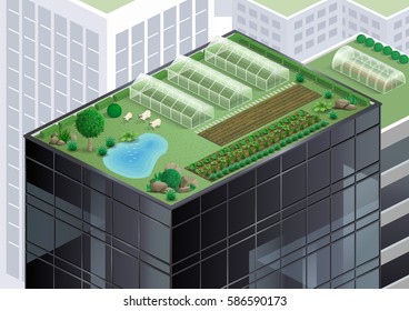 Farm And Garden On The Roof Of A Skyscraper In The City. Alternative Of Agriculture. Vector Graphics