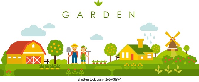 Farm garden panoramic landscape background in flat style with people, plants and houses