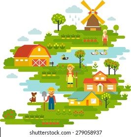 Farm garden panoramic landscape background view with people, plants and houses in flat style