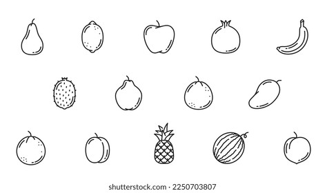 Iconos de la línea de fruta cruda del jardín de granja. Pear, limón, manzana, granada y plátano, kiwi, membrillo, mango y naranja, ciruela, piña, sandía y sapodilla, vector de contorno, conjunto mínimo de pictogramas