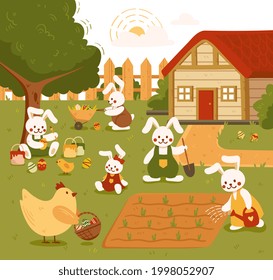 Farm or garden scene with cute funny animals. Spring scenery with flowers, fence, cottage, bunnies, hen, little chicken walking, playing and gardening. Easter cartoon vector illustration with rabbits