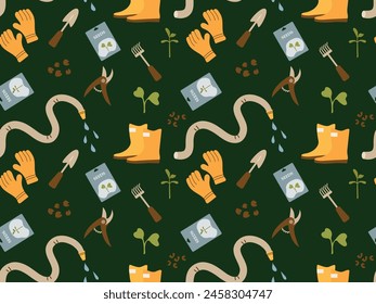 Farm and garden tools seamless pattern on green background. Vector illustration with watering hose, seeds, garden boots and gloves for print, wrapping paper, background, textile