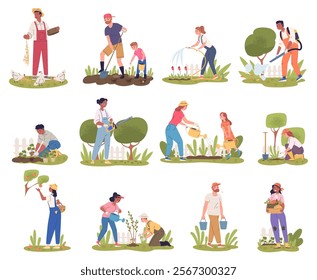 Farm garden workers. Agriculture worker with shovel plants fruit tree vegetables landscaping, farmer gardener in overall watering plants gardening work classy vector illustration original artwork