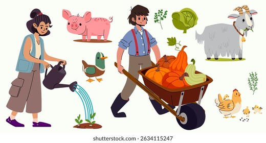 Farm garden workers set- man pushing wheelbarrow full of pumpkins, woman watering plants, duck and chickens, pig and goat. Cute cartoon characters taking care of animals and crop on agricultural field