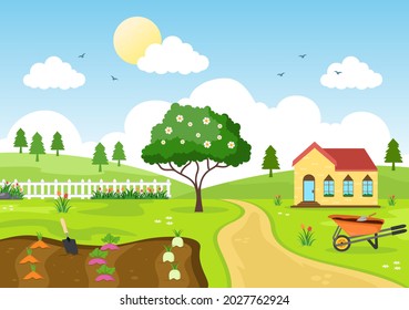 Farm Gardener Background Vector Illustration With A Landscape Of Gardens, Flowers, Vegetables Planted, Wheelbarrow, Shovel And Equipment in Flat Design Style 