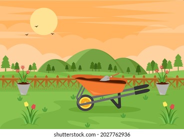Bauernhöfe, Hintergrund Vektorgrafik mit einer Landschaft von Gärten, Blumen, Gemüse gepflanzt, Rollkarren, Schaufel und Ausrüstung im flachen Design-Stil 