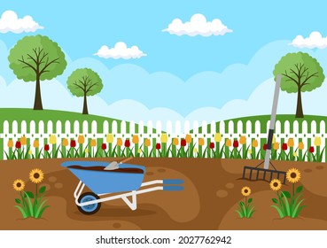 Farm Gardener Background Vector Illustration With A Landscape Of Gardens, Flowers, Vegetables Planted, Wheelbarrow, Shovel And Equipment in Flat Design Style 