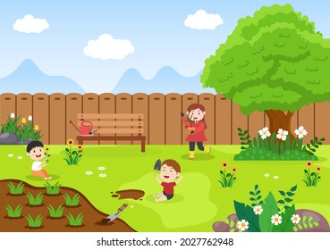 Farm Gardener Background Vector Illustration With A Landscape Of Gardens, Flowers, Vegetables Planted, Wheelbarrow, Shovel And Equipment in Flat Design Style 
