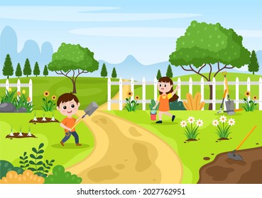 Ilustración de vectores de fondo de jardinería agrícola con un paisaje de jardines, flores, verduras plantadas, carretillas, palas y equipos de diseño plano 