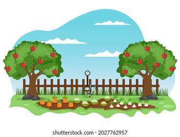 Farm Gardener Background Vector Illustration With A Landscape Of Gardens, Flowers, Vegetables Planted, Wheelbarrow, Shovel And Equipment in Flat Design Style 