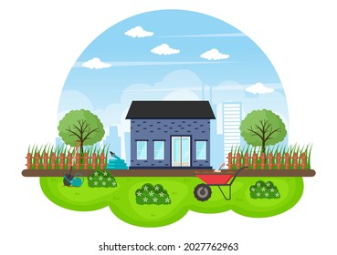 Farm Gardener Background Vector Illustration With A Landscape Of Gardens, Flowers, Vegetables Planted, Wheelbarrow, Shovel And Equipment in Flat Design Style 