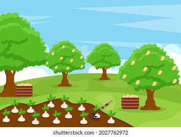 Ilustración de vectores de fondo de jardinería agrícola con un paisaje de jardines, flores, verduras plantadas, carretillas, palas y equipos de diseño plano 