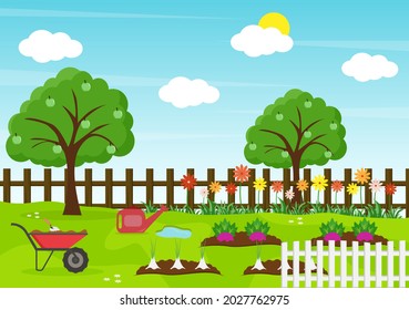 Farm Gardener Background Vector Illustration With A Landscape Of Gardens, Flowers, Vegetables Planted, Wheelbarrow, Shovel And Equipment in Flat Design Style 