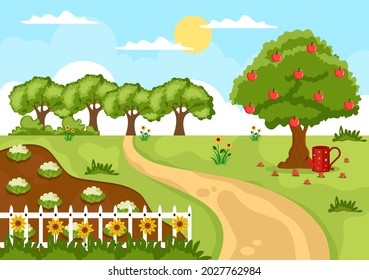 Farm Gardener Background Vector Illustration With A Landscape Of Gardens, Flowers, Vegetables Planted, Wheelbarrow, Shovel And Equipment in Flat Design Style 