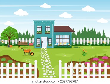 Farm Gardener Background Vector Illustration With A Landscape Of Gardens, Flowers, Vegetables Planted, Wheelbarrow, Shovel And Equipment in Flat Design Style 