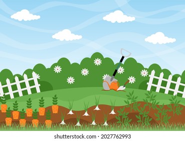 Farm Gardener Background Vector Illustration With A Landscape Of Gardens, Flowers, Vegetables Planted, Wheelbarrow, Shovel And Equipment in Flat Design Style 