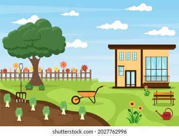 Farm Gardener Background Vector Illustration With A Landscape Of Gardens, Flowers, Vegetables Planted, Wheelbarrow, Shovel And Equipment in Flat Design Style 