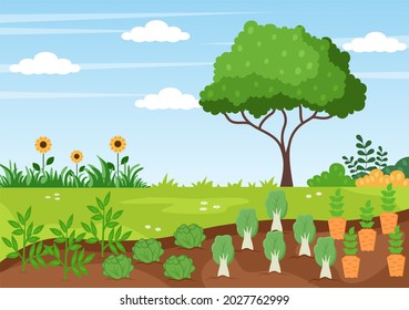 Farm Gardener Background Vector Illustration With A Landscape Of Gardens, Flowers, Vegetables Planted, Wheelbarrow, Shovel And Equipment in Flat Design Style 