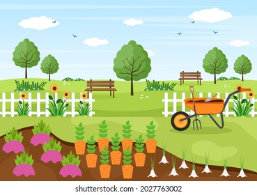 Farm Gardener Background Vector Illustration With A Landscape Of Gardens, Flowers, Vegetables Planted, Wheelbarrow, Shovel And Equipment in Flat Design Style 