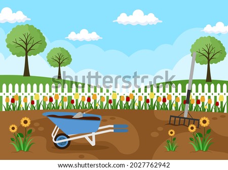 Farm Gardener Background Vector Illustration With A Landscape Of Gardens, Flowers, Vegetables Planted, Wheelbarrow, Shovel And Equipment in Flat Design Style 