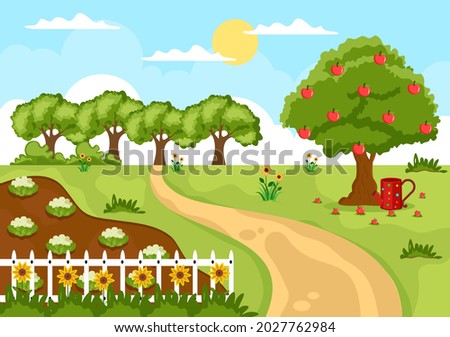 Farm Gardener Background Vector Illustration With A Landscape Of Gardens, Flowers, Vegetables Planted, Wheelbarrow, Shovel And Equipment in Flat Design Style 