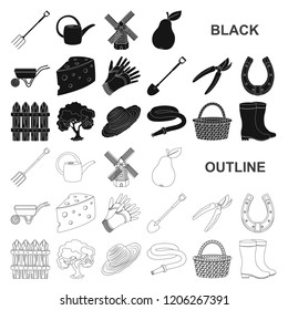 Farm and gardening black icons in set collection for design. Farm and equipment vector symbol stock web illustration.