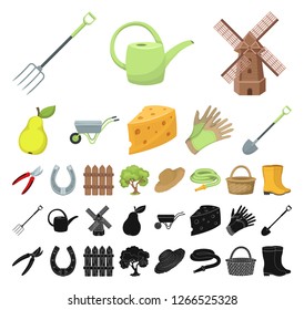 Farm and gardening cartoon, black icons in set collection for design. Farm and equipment vector symbol stock web illustration.