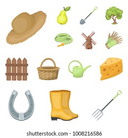 Farm and gardening cartoon icons in set collection for design. Farm and equipment vector symbol stock web illustration.