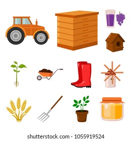 Farm and gardening cartoon icons in set collection for design. Farm and equipment vector symbol stock web illustration.