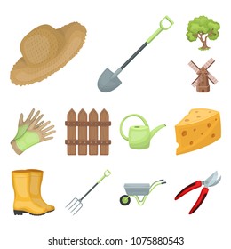 Farm and gardening cartoon icons in set collection for design. Farm and equipment vector symbol stock web illustration.